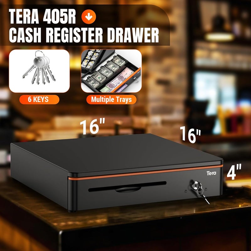 Tera 16 inch Auto Open Cash Drawer with Heavy Duty Insert Tray 5 Bill 8 Coin for POS System Removable Cash Tray Media Slot 24V RJ12 Key-Lock (Round Corner) for Small Business Retail 405R - Image 2